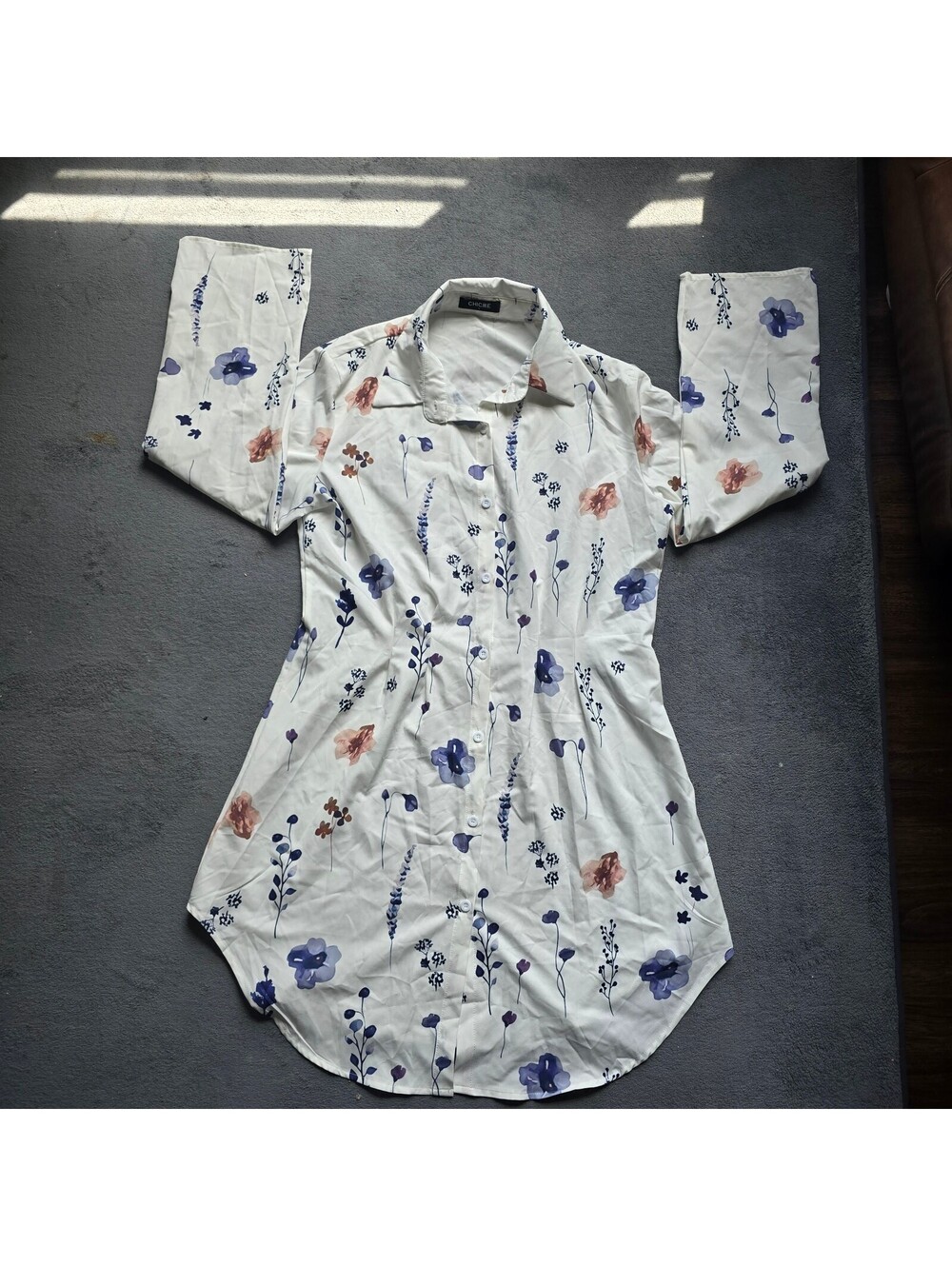 ChicMe Floral Button Down Shirt Dress Long Sleeve Cinched Waist White Size L